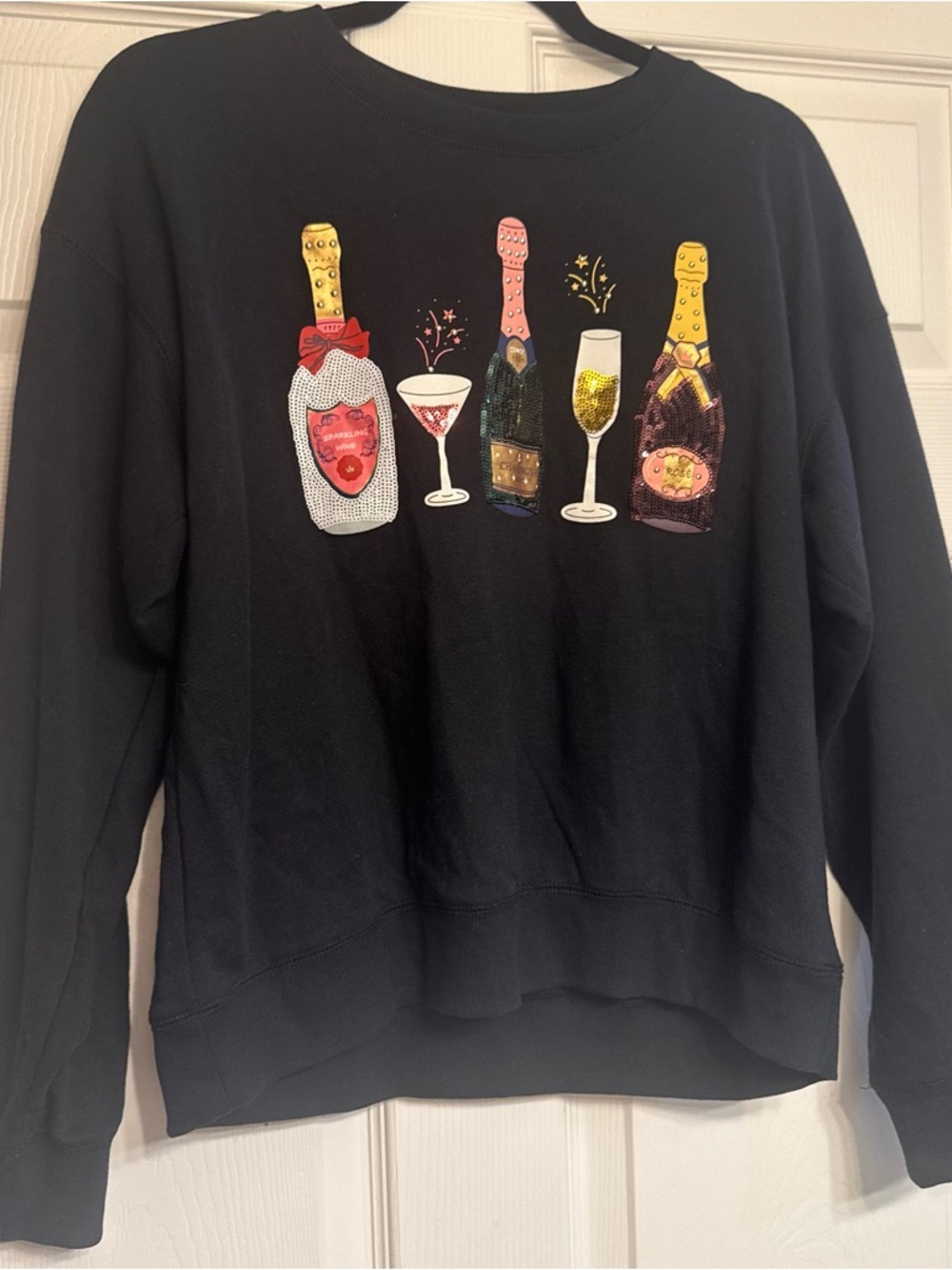Free People Black Crewneck Sweatshirt with Sequin Champagne Bottle Graphic